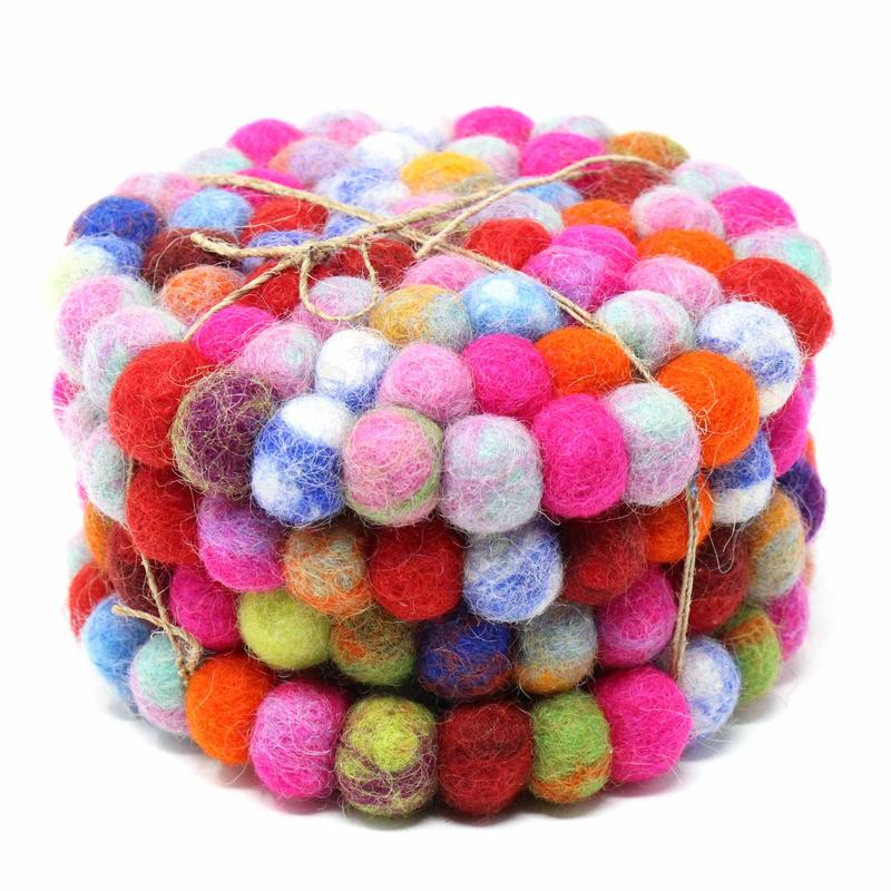 Rainbow Tie-Dye Felt Ball Coasters - Set of 4