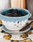 Blue and white ceramic colander bowl filled with blackberries on a patterned tablecloth.