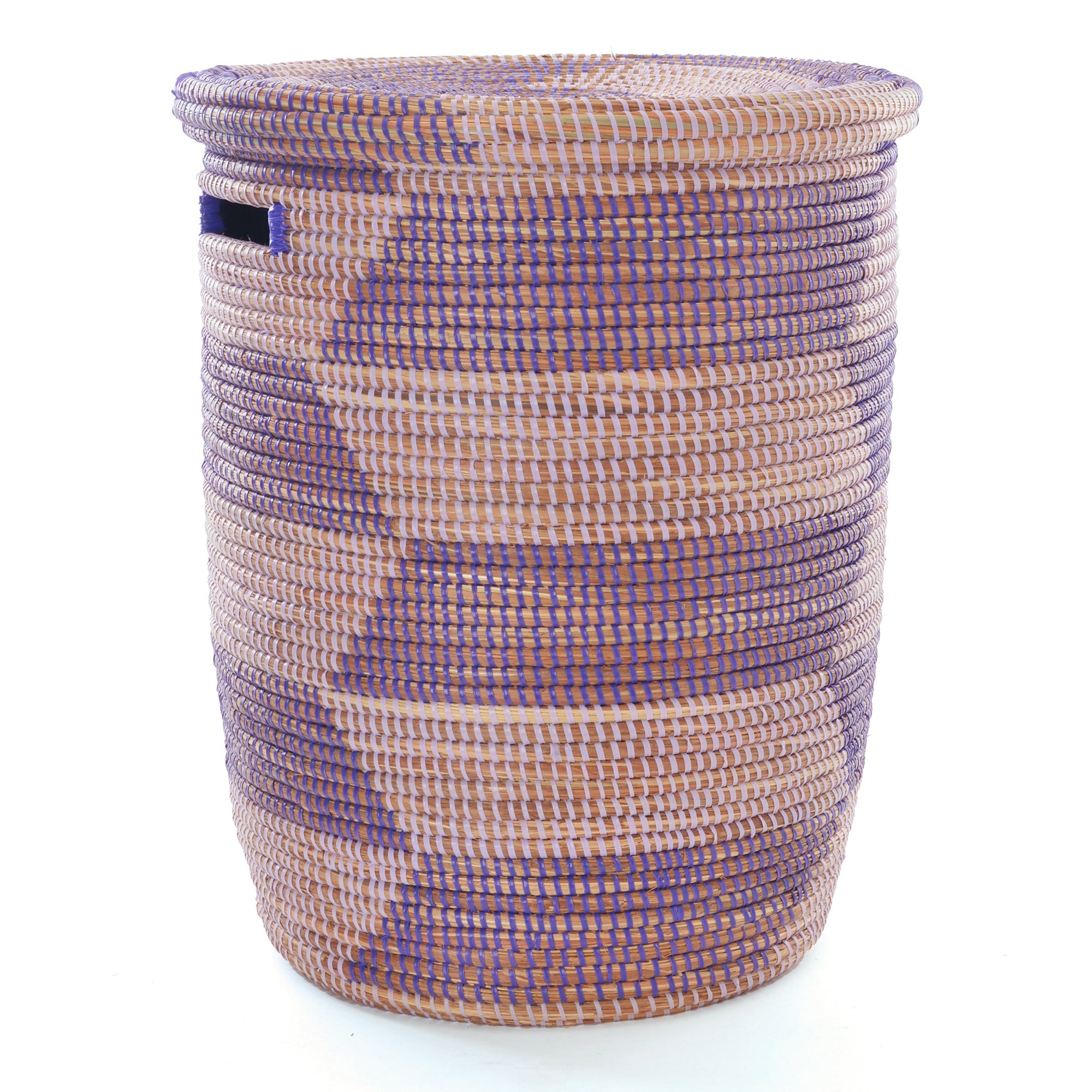 Woven basket with purple and beige pattern on a white background