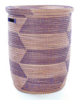 Woven basket with purple and beige pattern on a white background