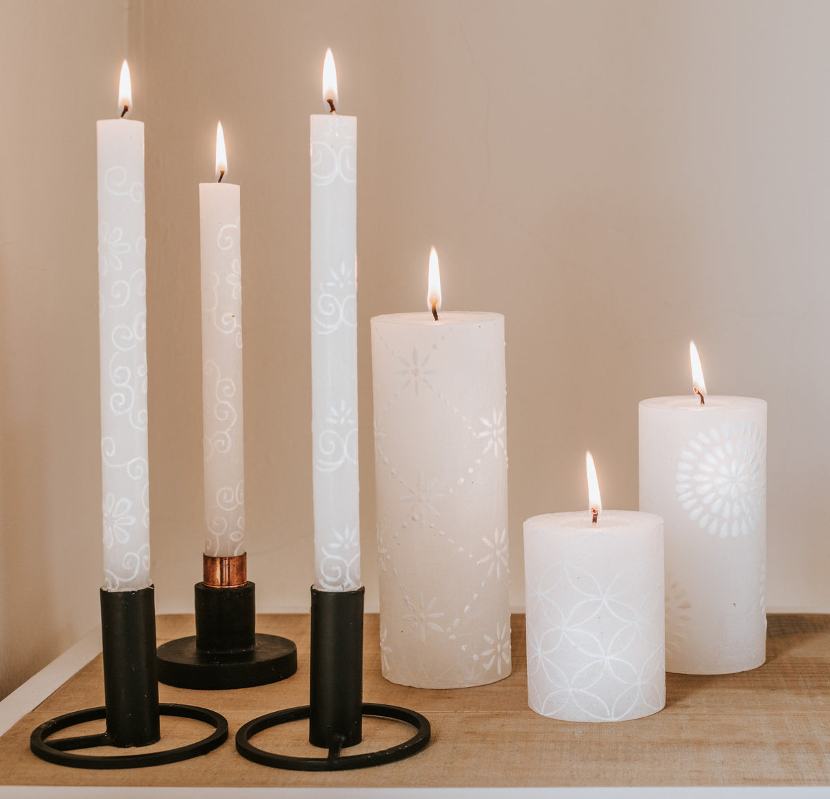 White on White Hand-Painted Candles