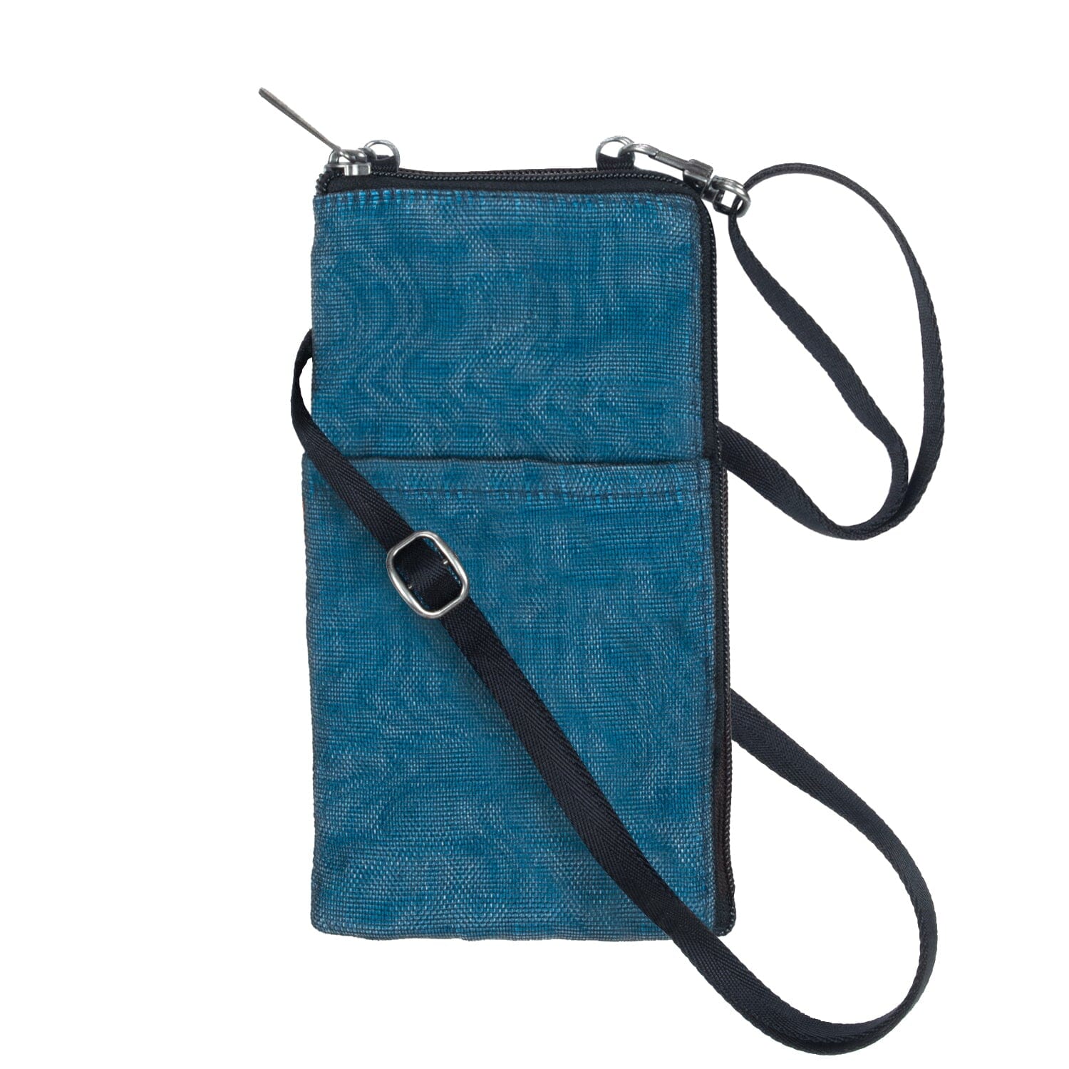 Blue crossbody phone purase with a strap on a white background