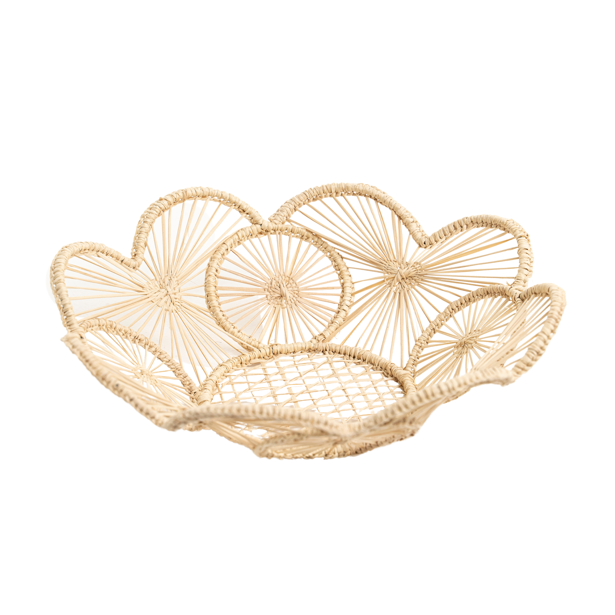 Woven basket with floral patterns on a white background