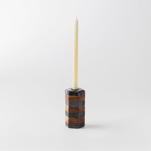 Striped Marble &amp; Acacia Candleholder