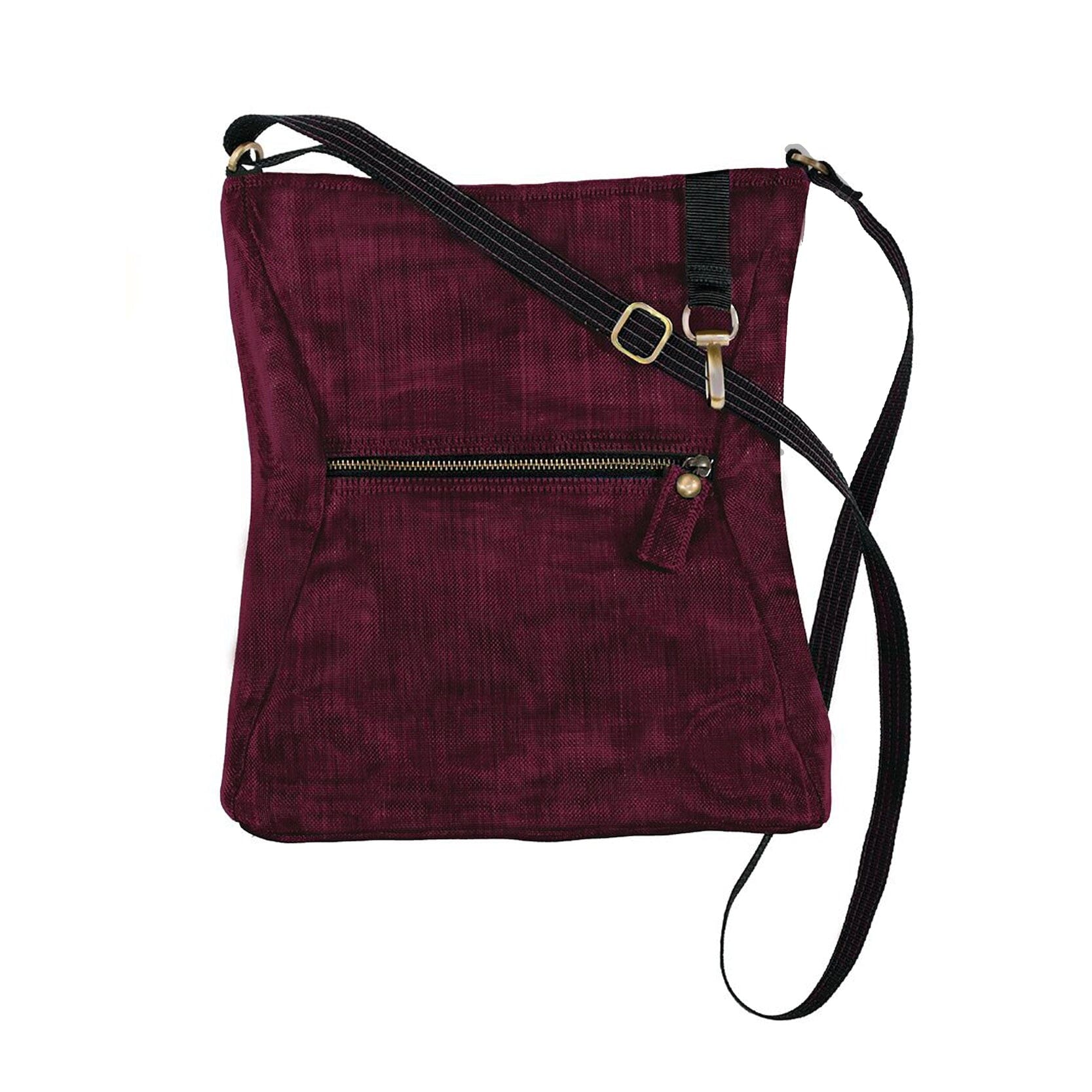 Maroon crossbody purse with black strap on a white background
