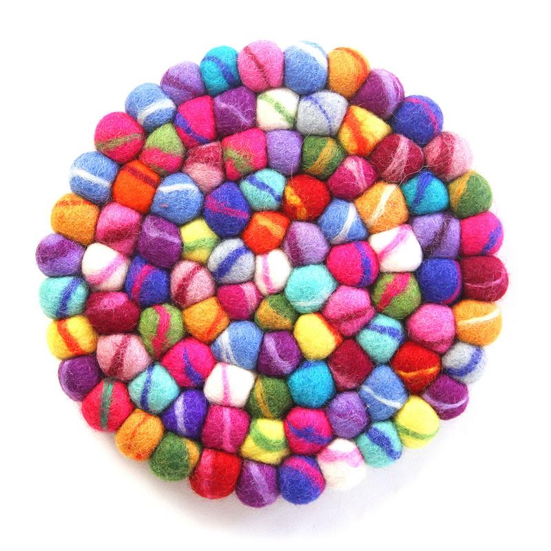 Rainbow Tie-Dye Felt Ball Coasters - Set of 4