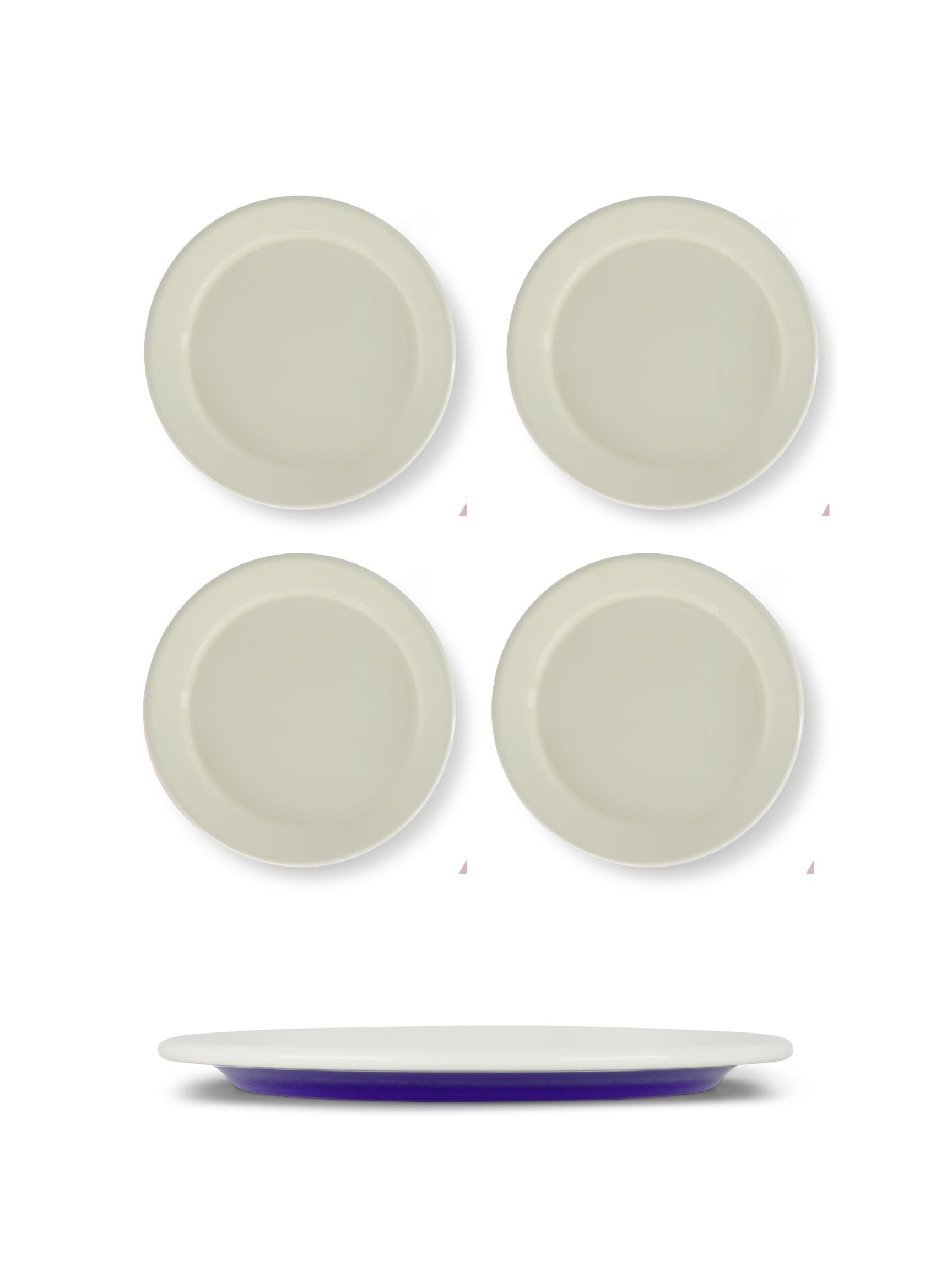 Set of four ceramic plates with a blue rim on a white background