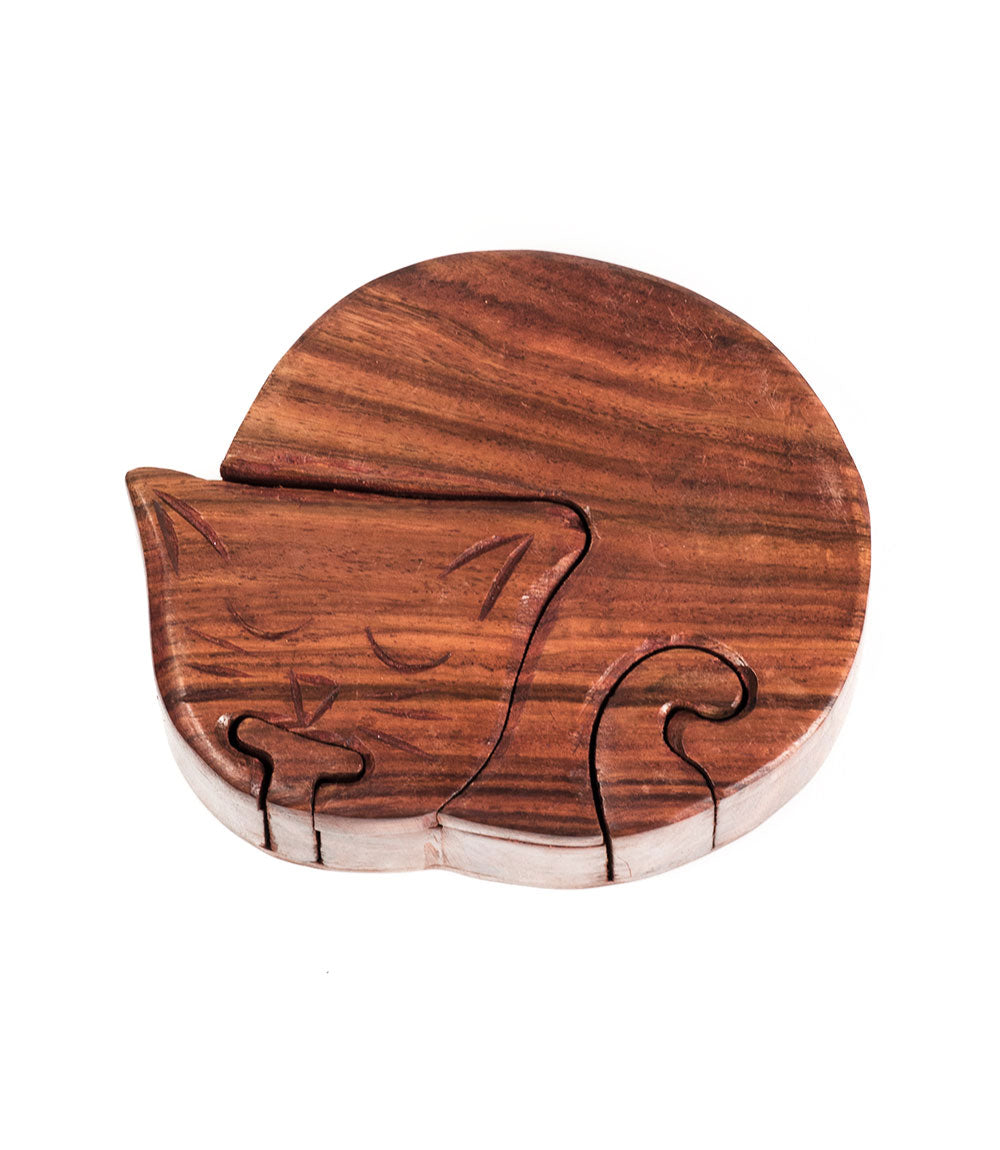 Sleeping Cat Keepsake Puzzle Box - Indian Rosewood