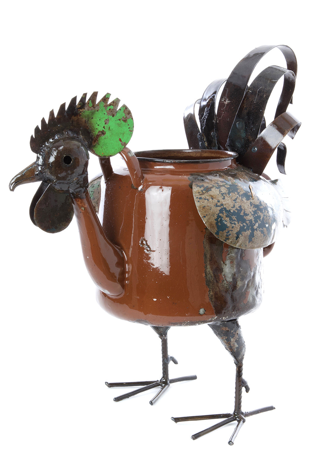 A rustic metal rooster-shaped planter or pitcher with a brown glazed body, dark metal legs and head, a green comb accent, and weathered copper-toned wing details, shown on a plain white background.
