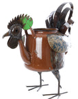 A rustic metal rooster-shaped planter or pitcher with a brown glazed body, dark metal legs and head, a green comb accent, and weathered copper-toned wing details, shown on a plain white background.